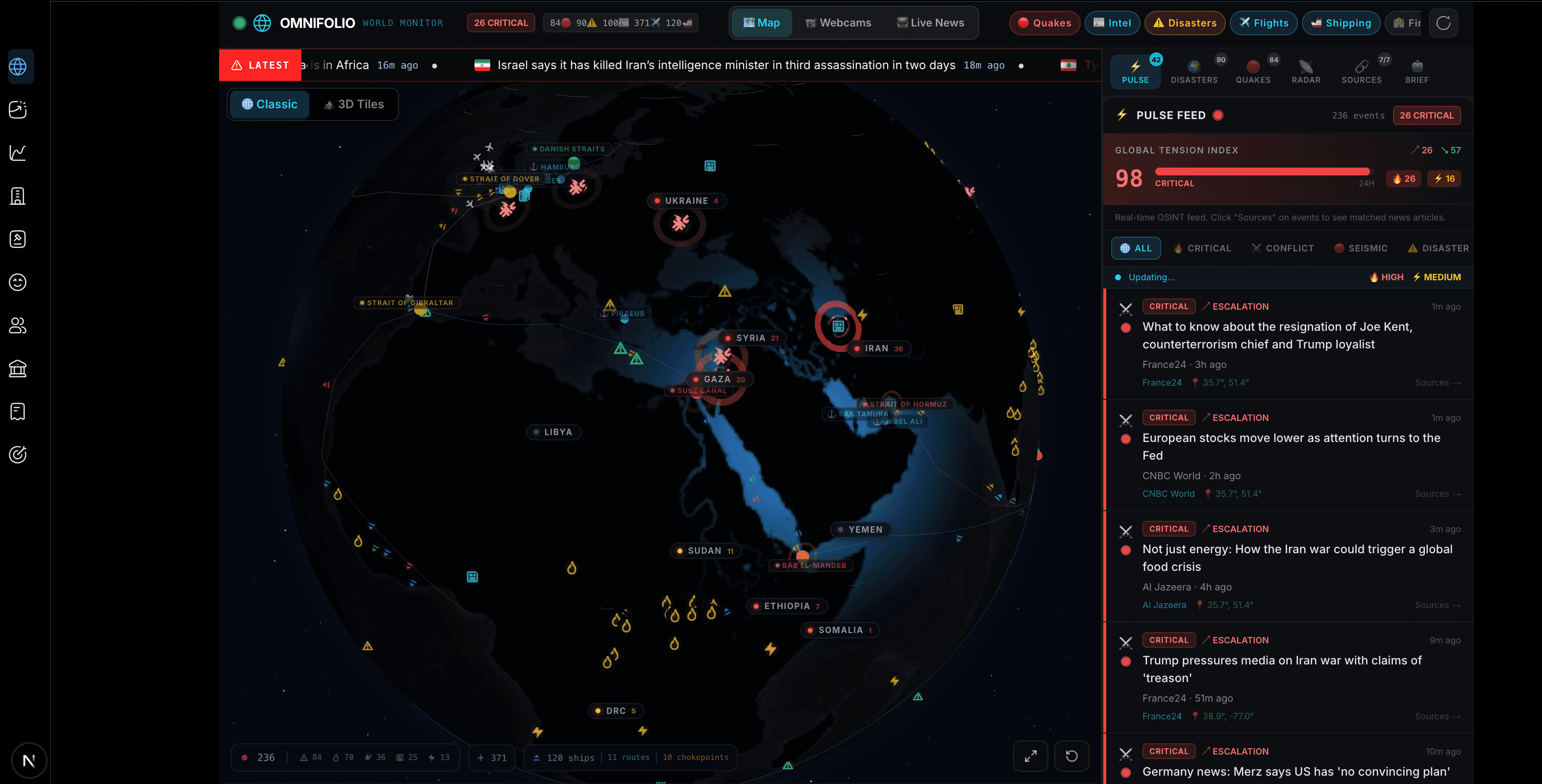 OmniFolio World Monitor OSINT Dashboard — Real-time 3D globe with earthquake, conflict, and economic intelligence overlays